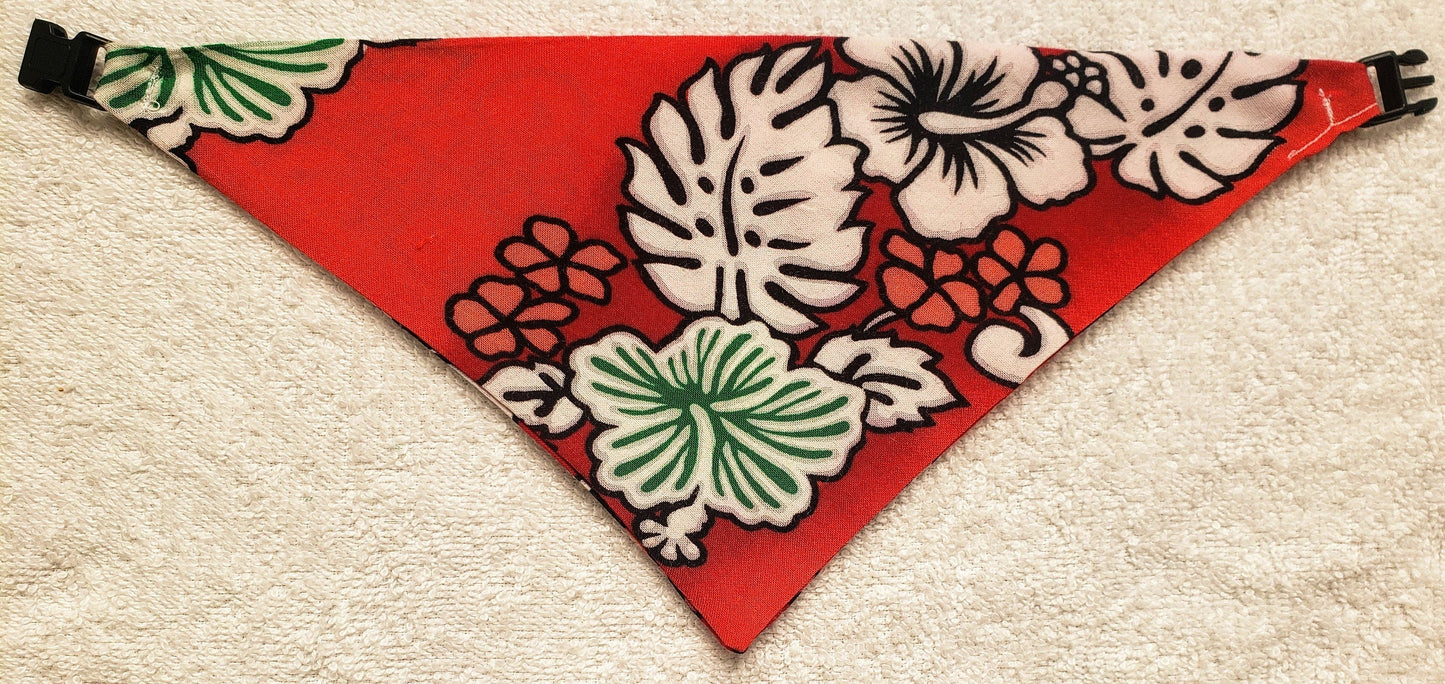 Clip on Dog Bandana With Buckle Pet Cat Bandanna Scarf Classic Red Hawaiian Floral Shirt Hibiscus Print RAYON Handmade to Order