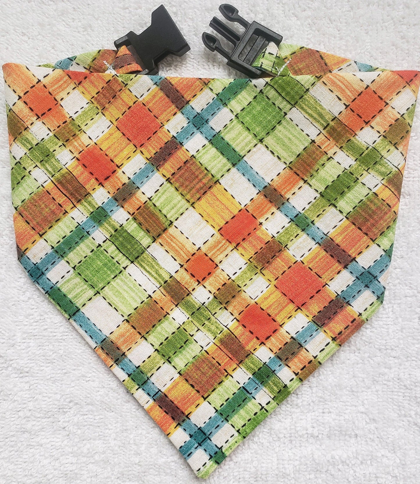 Colorful Autumn Plaid Fall Harvest Thanksgiving Clip on Dog Bandana With Buckle Pet Cat Bandanna Handmade to Order