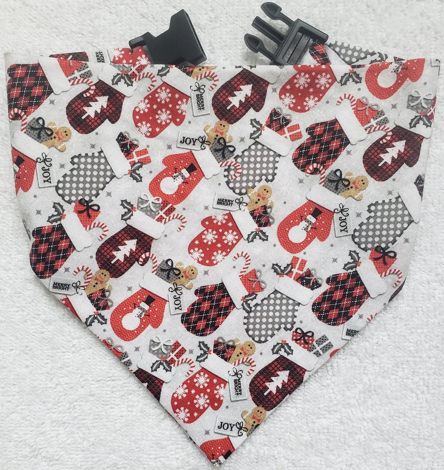 Clip on Dog Bandana With Buckle Pet Cat Bandanna Scarf Red & Silver Christmas Mittens Gloves Winter Holiday Handmade to Order