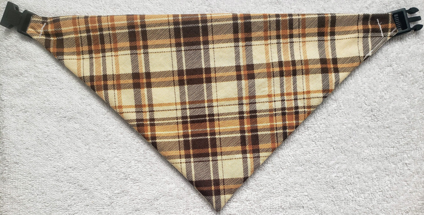 Brown Plaid Fall Autumn Harvest Clip on Dog Bandana With Buckle Pet Cat Bandanna Handmade to Order