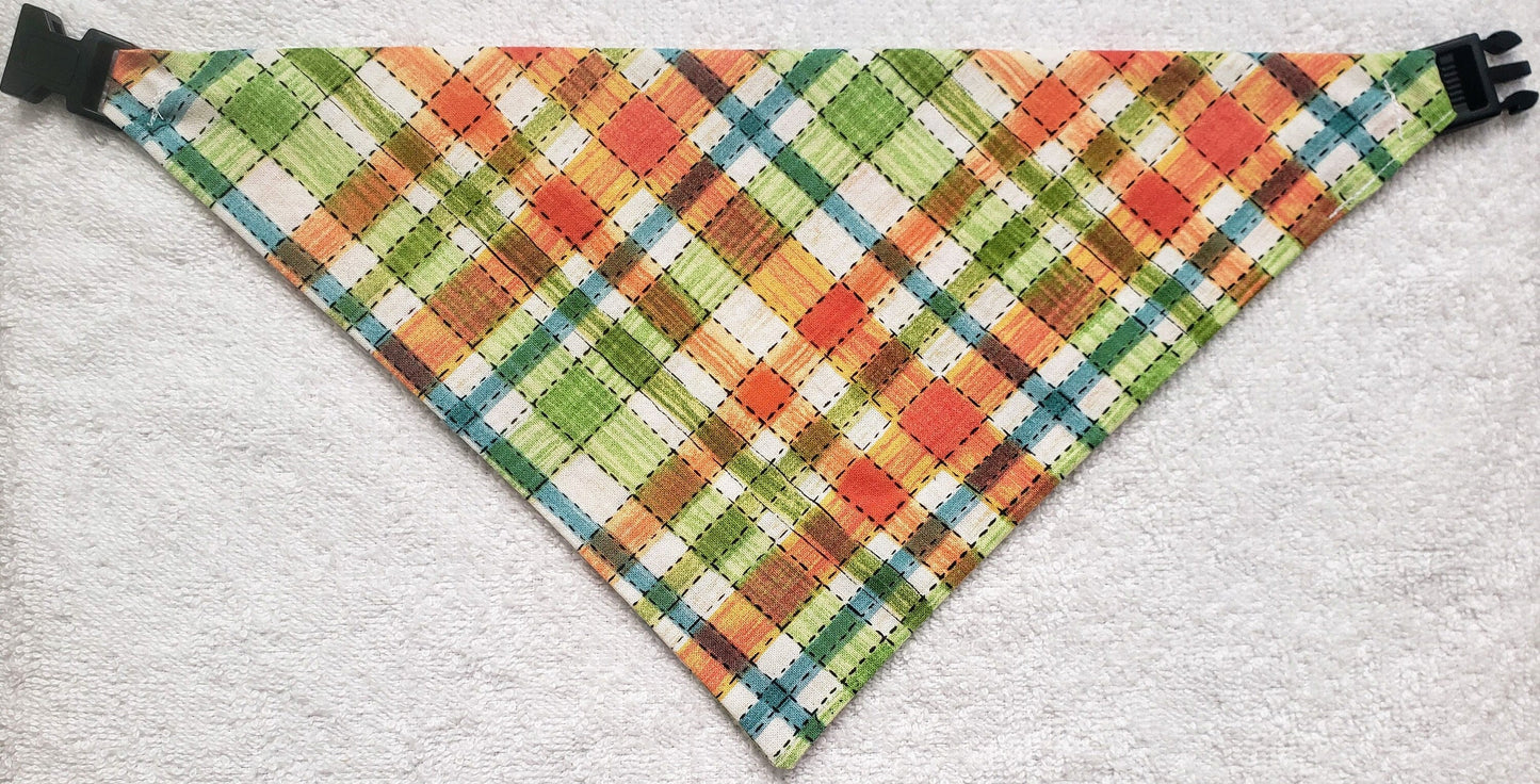 Colorful Autumn Plaid Fall Harvest Thanksgiving Clip on Dog Bandana With Buckle Pet Cat Bandanna Handmade to Order