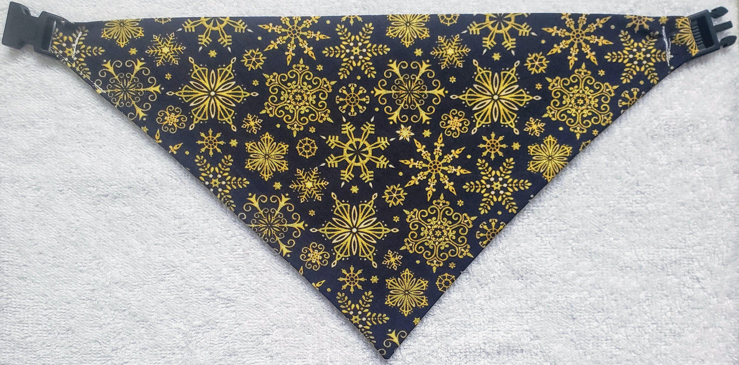 Clip on Dog Bandana With Buckle Pet Cat Bandanna Scarf Black & Gold Snowflake Christmas Holiday Handmade to Order