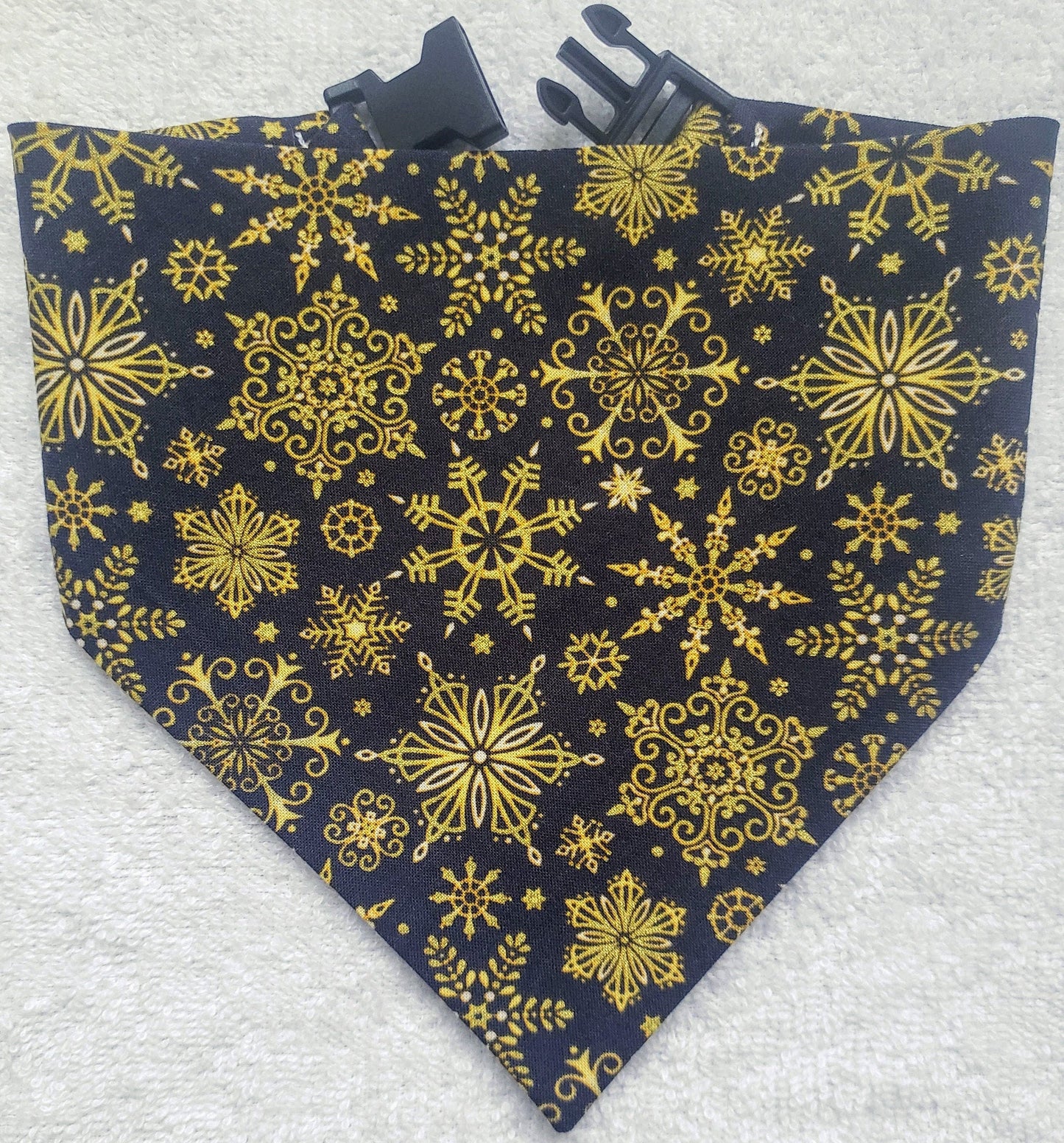 Clip on Dog Bandana With Buckle Pet Cat Bandanna Scarf Black & Gold Snowflake Christmas Holiday Handmade to Order