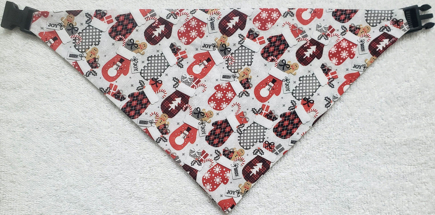 Clip on Dog Bandana With Buckle Pet Cat Bandanna Scarf Red & Silver Christmas Mittens Gloves Winter Holiday Handmade to Order
