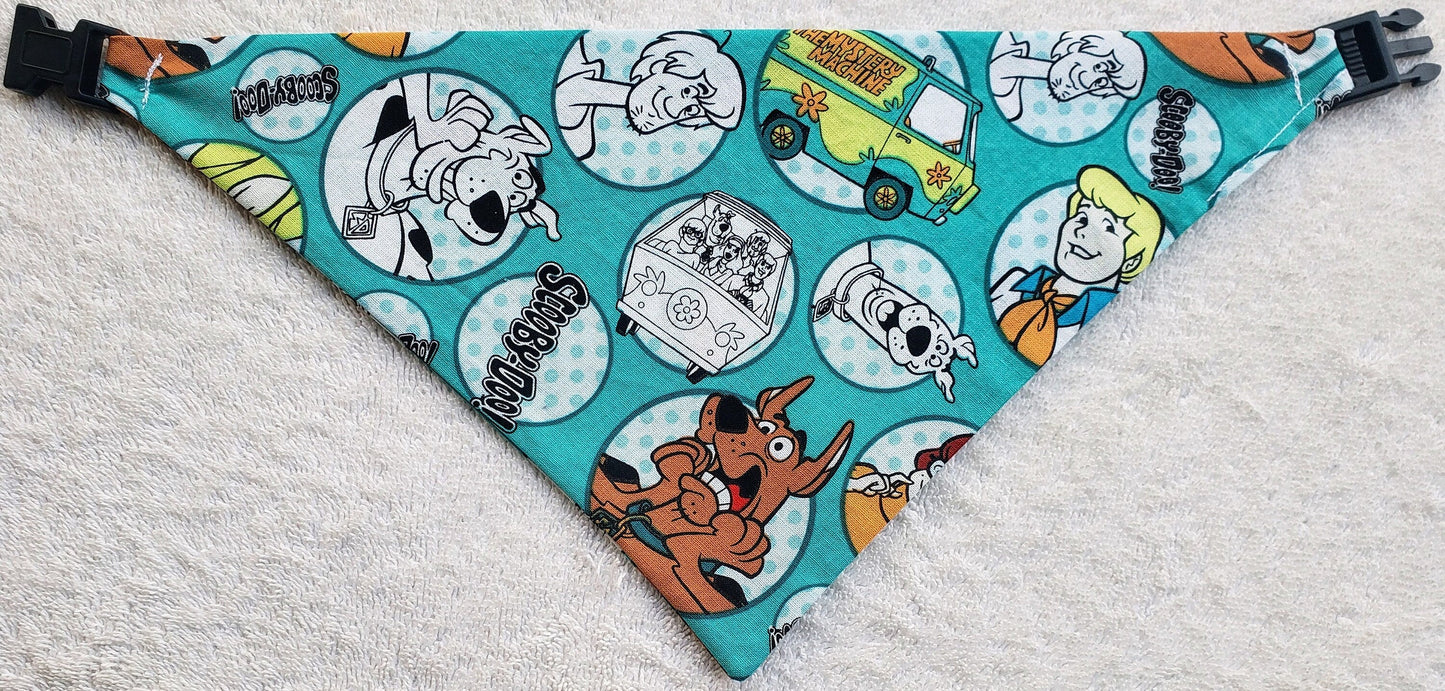 Clip on Dog Bandana With Buckle Pet Cat Bandanna Scarf Scooby Doo & the Gang Teal Print Handmade to Order
