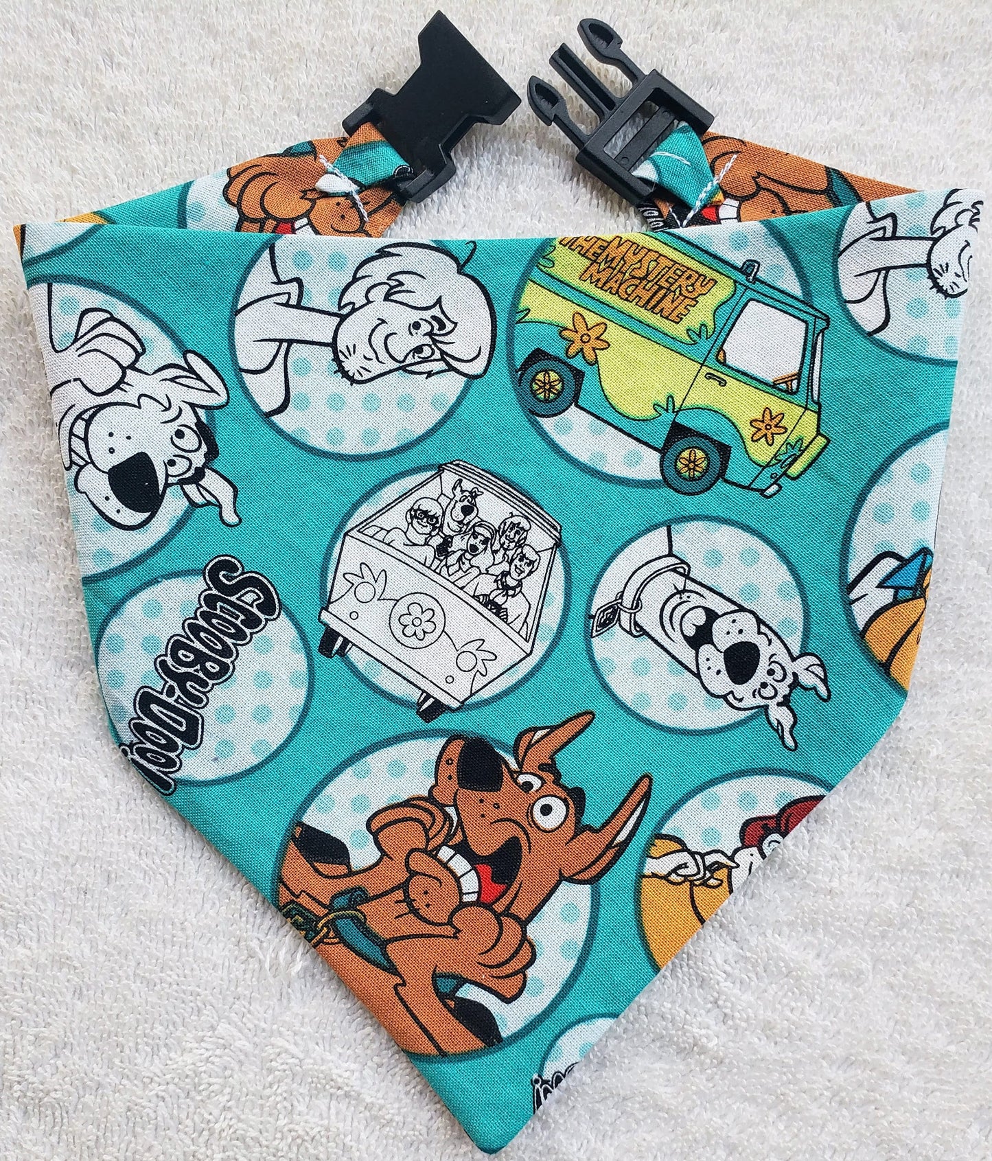 Clip on Dog Bandana With Buckle Pet Cat Bandanna Scarf Scooby Doo & the Gang Teal Print Handmade to Order