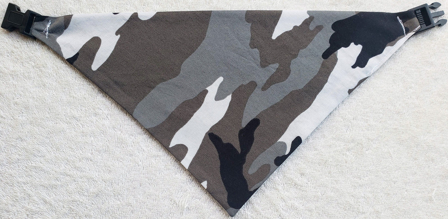 Clip on Dog Bandana With Buckle Pet Cat Bandanna Scarf Gray Arctic Camo Print Handmade to Order