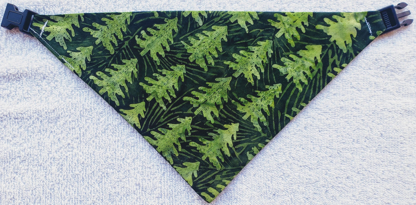 Clip on Dog Bandana With Buckle Pet Cat Bandanna Scarf Batik Green Pine Trees Print Handmade to Order