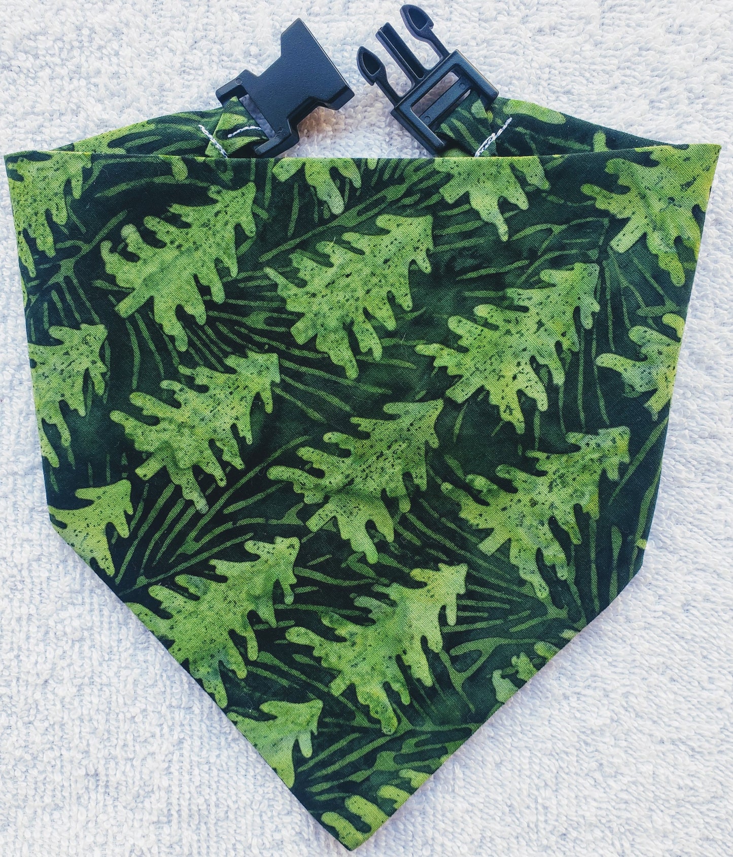 Clip on Dog Bandana With Buckle Pet Cat Bandanna Scarf Batik Green Pine Trees Print Handmade to Order