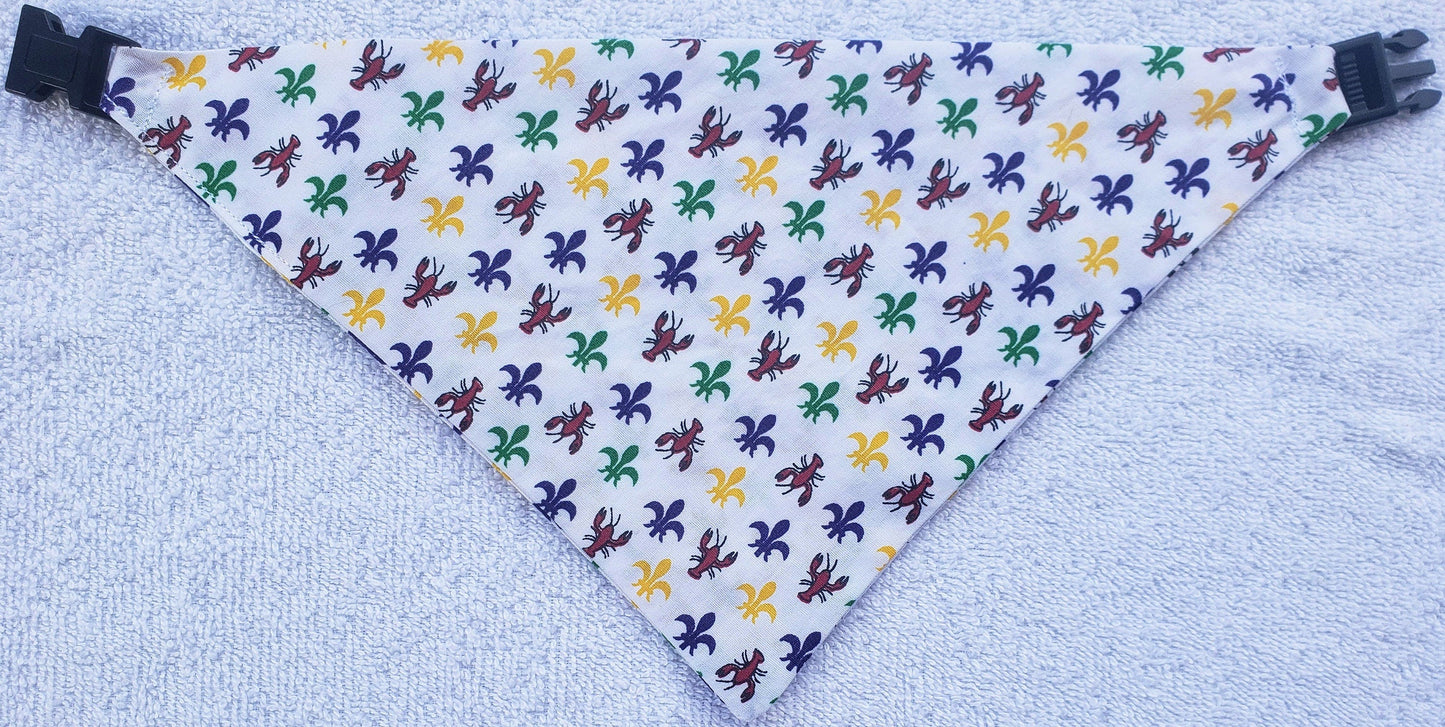Crawfish & Fleur de lis NOLA New Orleans Mardi Gras Inspired Clip on Dog Bandana With Buckle Pet Cat Bandanna Handmade to Order