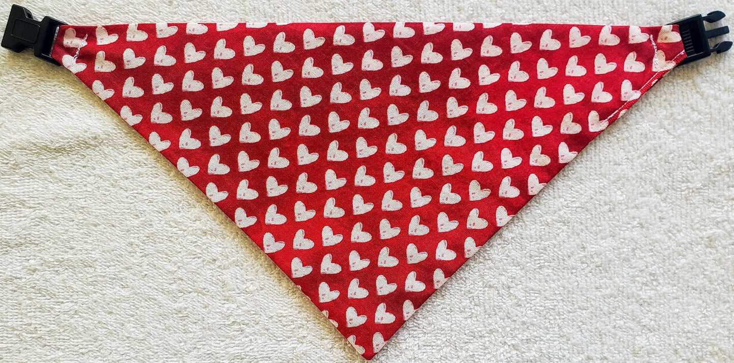 White Hearts on Red Valentines Day Sweetheart Love Clip on Dog Bandana With Buckle Pet Cat Bandanna Handmade to Order