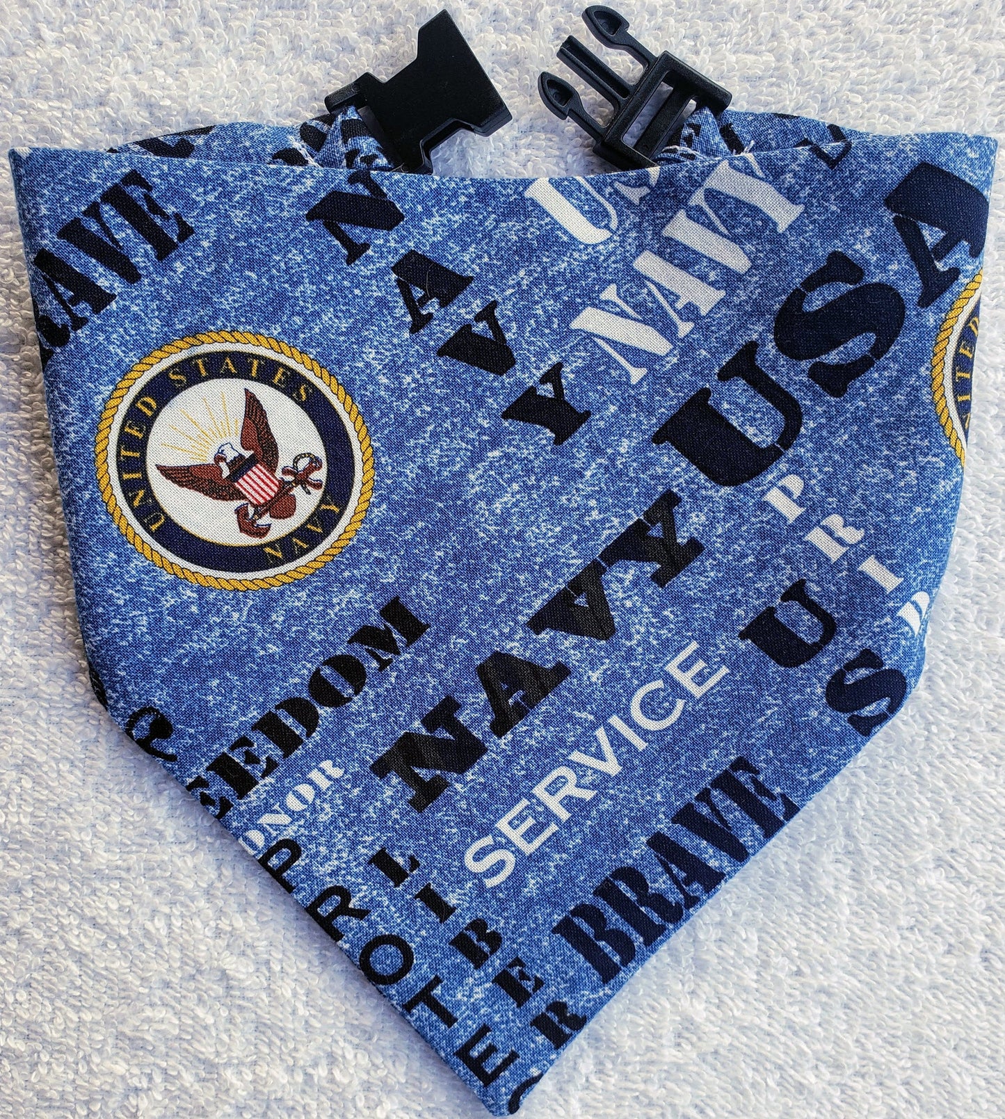 Clip on Dog Bandana With Buckle Pet Cat Bandanna Scarf US NAVY Hero Military Inspired Heather Blue Patriotic Print Handmade to Order