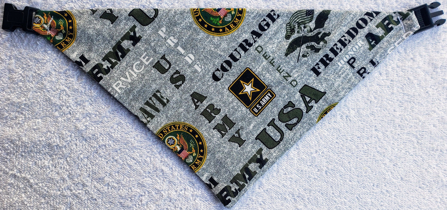 Clip on Dog Bandana With Buckle Dog Bandanna Scarf US ARMY Hero Militarhy Inspired Heather Gray Patriotic Print Handmade to Order