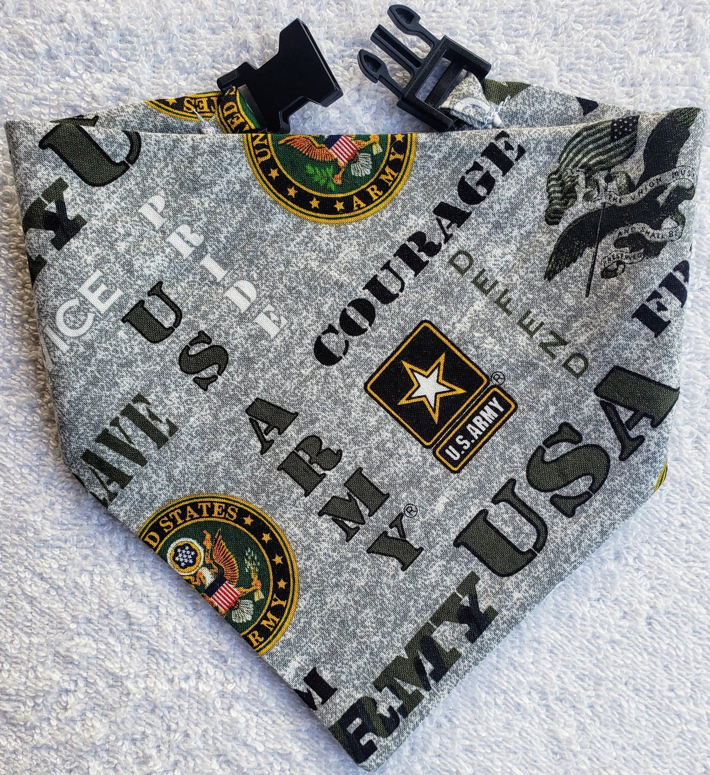 Clip on Dog Bandana With Buckle Dog Bandanna Scarf US ARMY Hero Militarhy Inspired Heather Gray Patriotic Print Handmade to Order
