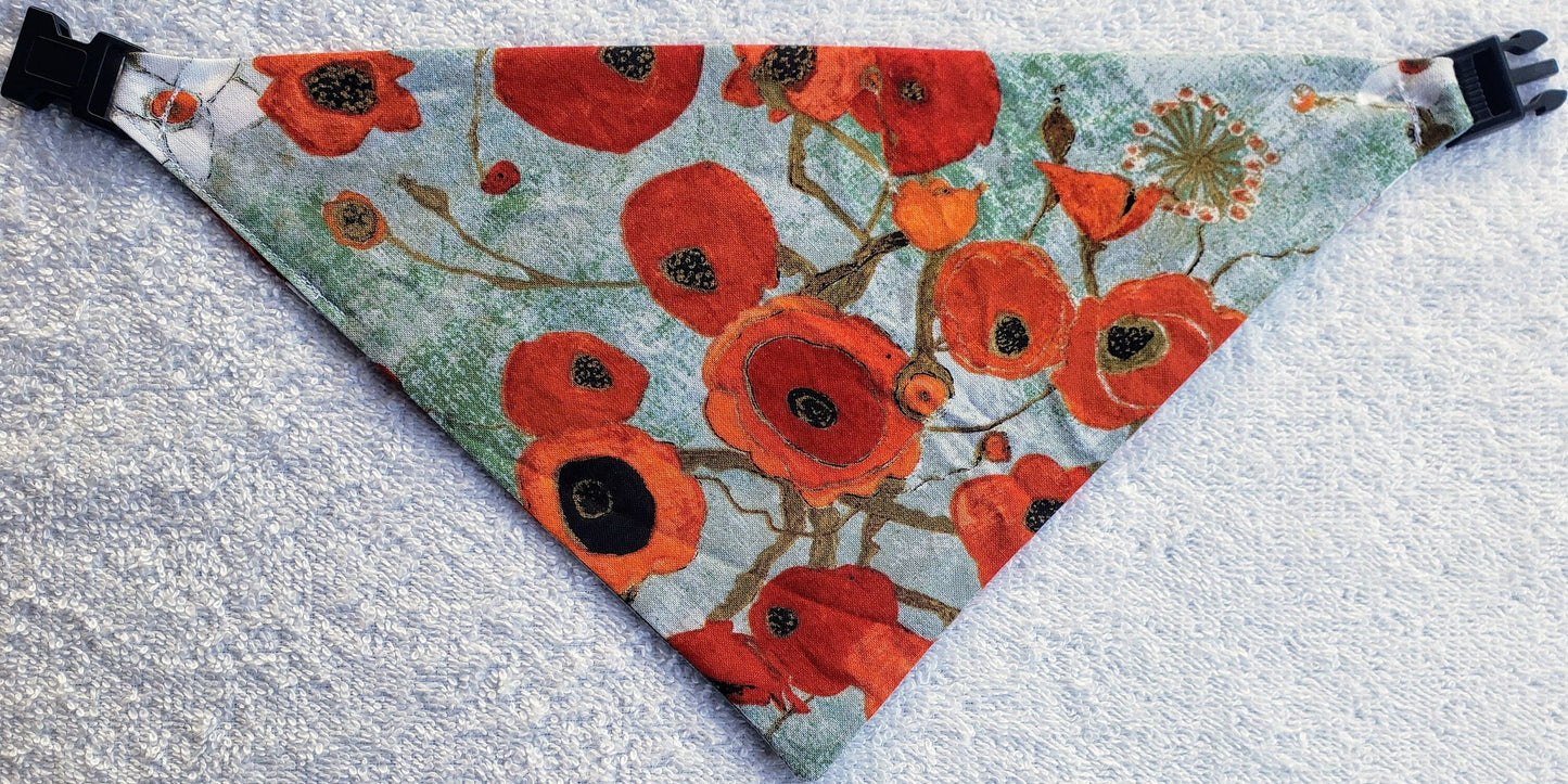 Clip on Dog Bandana With Buckle Pet Cat Bandanna Scarf Springtime Floral Poppies Inspired Artsy Print Handmade to Order