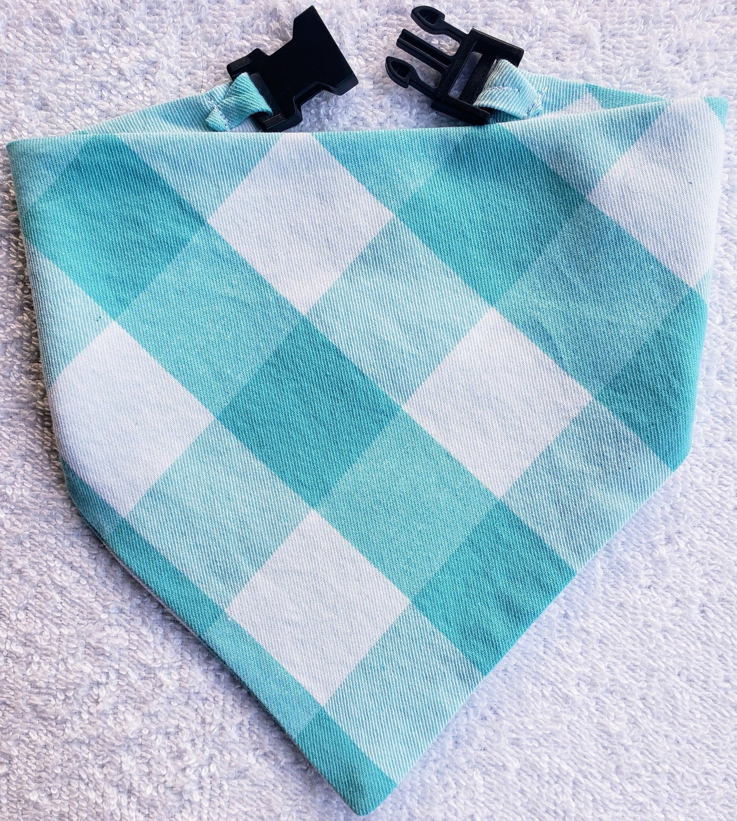 Clip on Dog Bandana With Buckle Pet Cat Bandanna Scarf Light Teal Robin's Egg Blue Buffalo Plaid Spring Handmade to Order