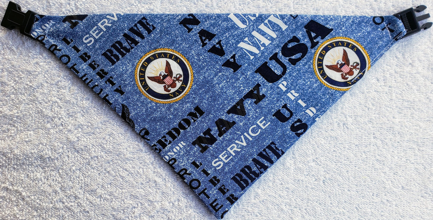 Clip on Dog Bandana With Buckle Pet Cat Bandanna Scarf US NAVY Hero Military Inspired Heather Blue Patriotic Print Handmade to Order