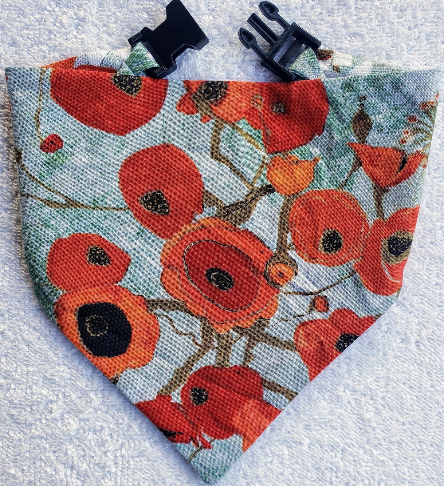 Clip on Dog Bandana With Buckle Pet Cat Bandanna Scarf Springtime Floral Poppies Inspired Artsy Print Handmade to Order
