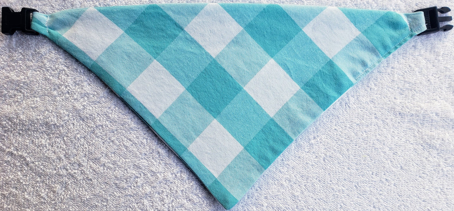 Clip on Dog Bandana With Buckle Pet Cat Bandanna Scarf Light Teal Robin's Egg Blue Buffalo Plaid Spring Handmade to Order