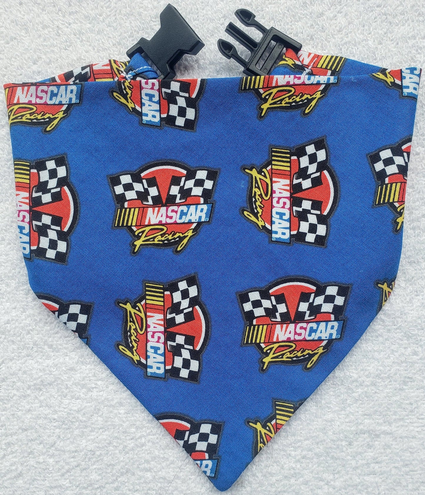 Clip on Dog Bandana With Buckle Pet Cat Bandanna Scarf Blue NASCAR Racing Flags Print Handmade to Order