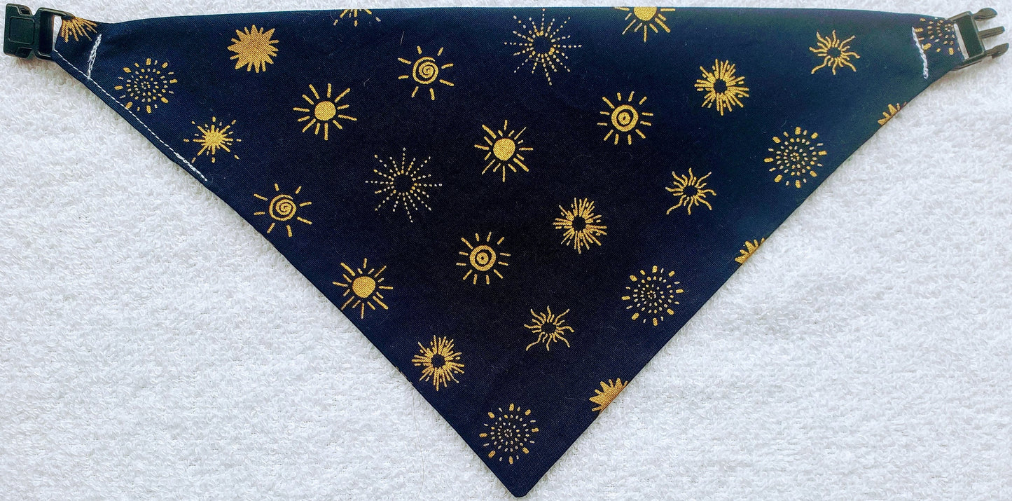 Clip on Dog Bandana With Buckle Pet Cat Bandanna Scarf Midnight Blue Gold Foil Suns Print Handmade to Order