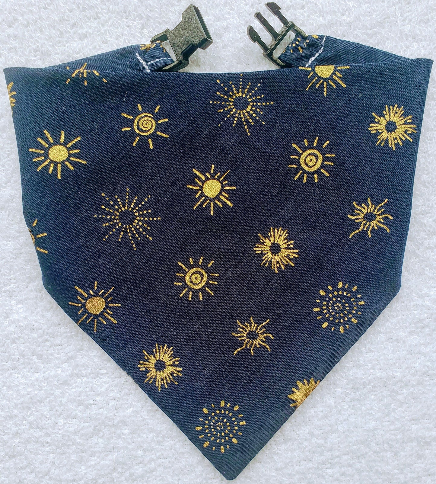Clip on Dog Bandana With Buckle Pet Cat Bandanna Scarf Midnight Blue Gold Foil Suns Print Handmade to Order