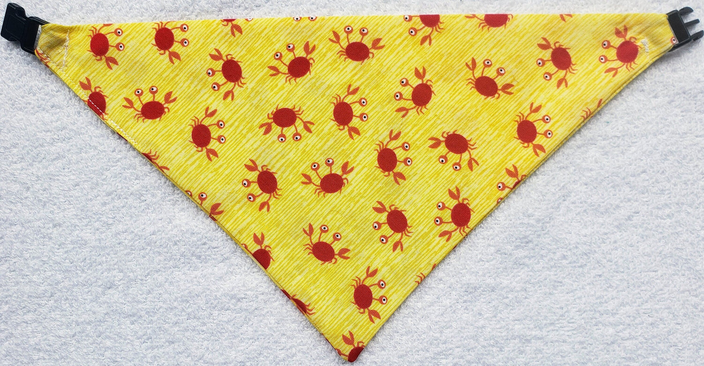 Clip on Dog Bandana With Buckle Pet Cat Bandanna Scarf Yellow Beach Red Crab Summer Print Handmade to Order
