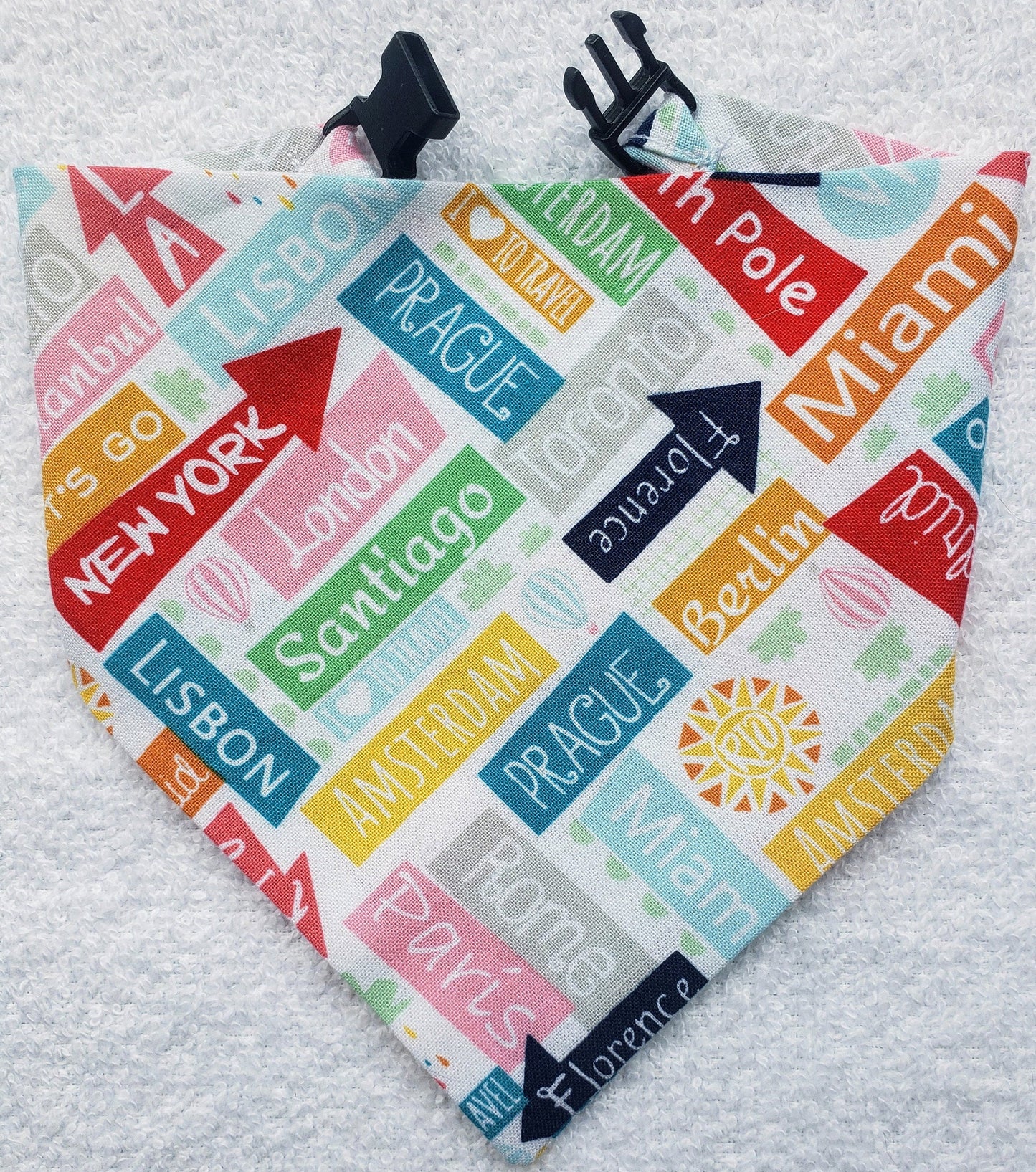 Clip on Dog Bandana With Buckle Pet Cat Bandanna Scarf Travel Destination Signs Print Handmade to Order