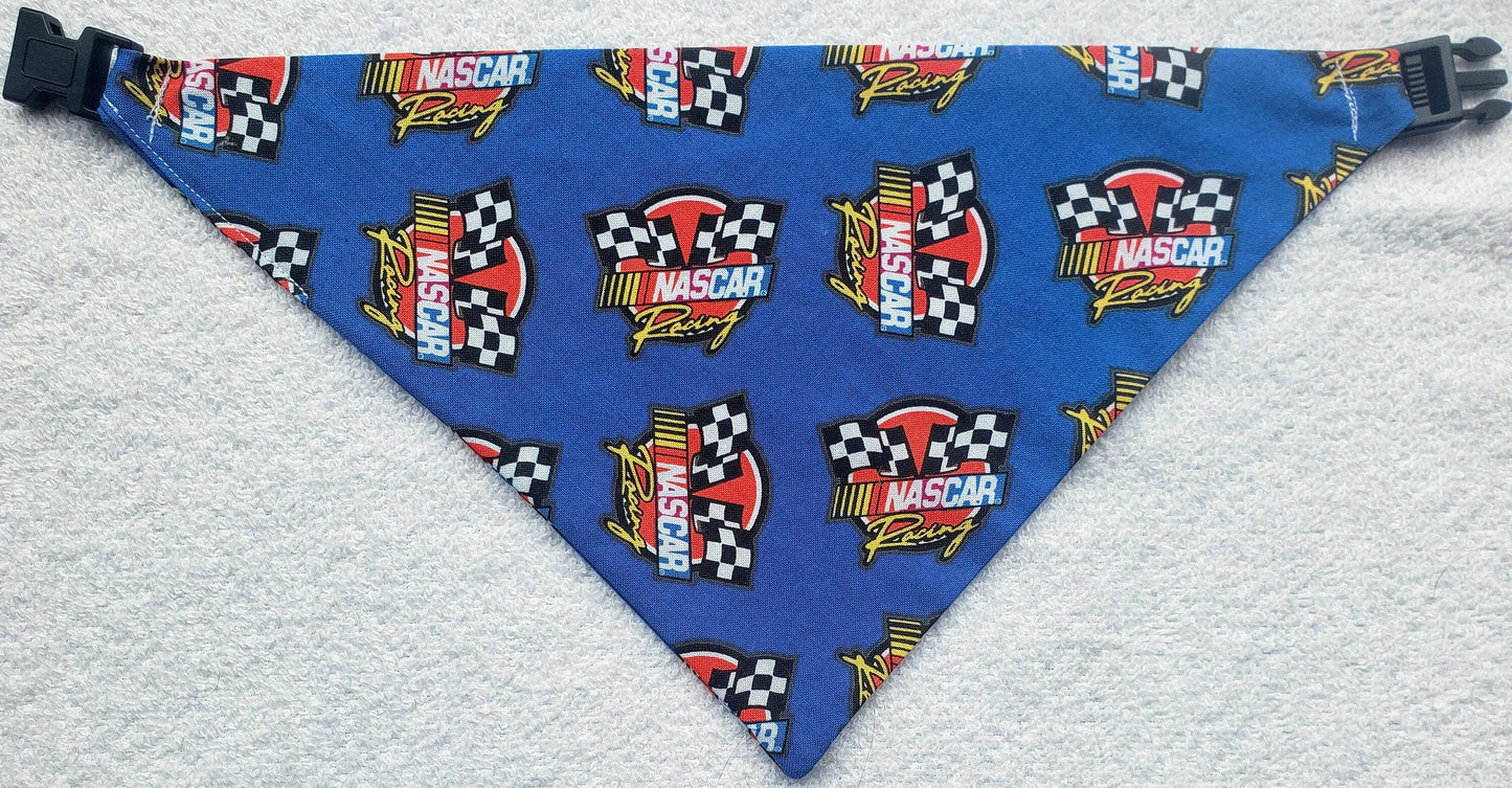 Clip on Dog Bandana With Buckle Pet Cat Bandanna Scarf Blue NASCAR Racing Flags Print Handmade to Order