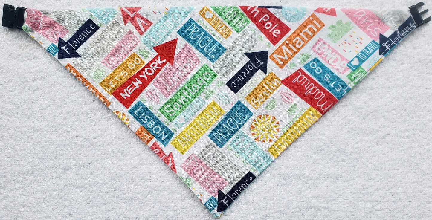 Clip on Dog Bandana With Buckle Pet Cat Bandanna Scarf Travel Destination Signs Print Handmade to Order