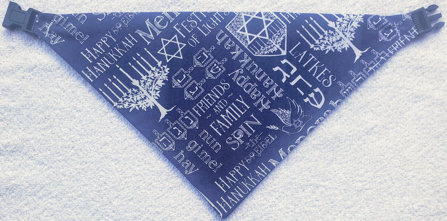 Clip on Dog Bandana With Buckle Pet Cat Bandanna Scarf Hanukkah Chanukah Blue Festival of Lights Print Handmade to Order
