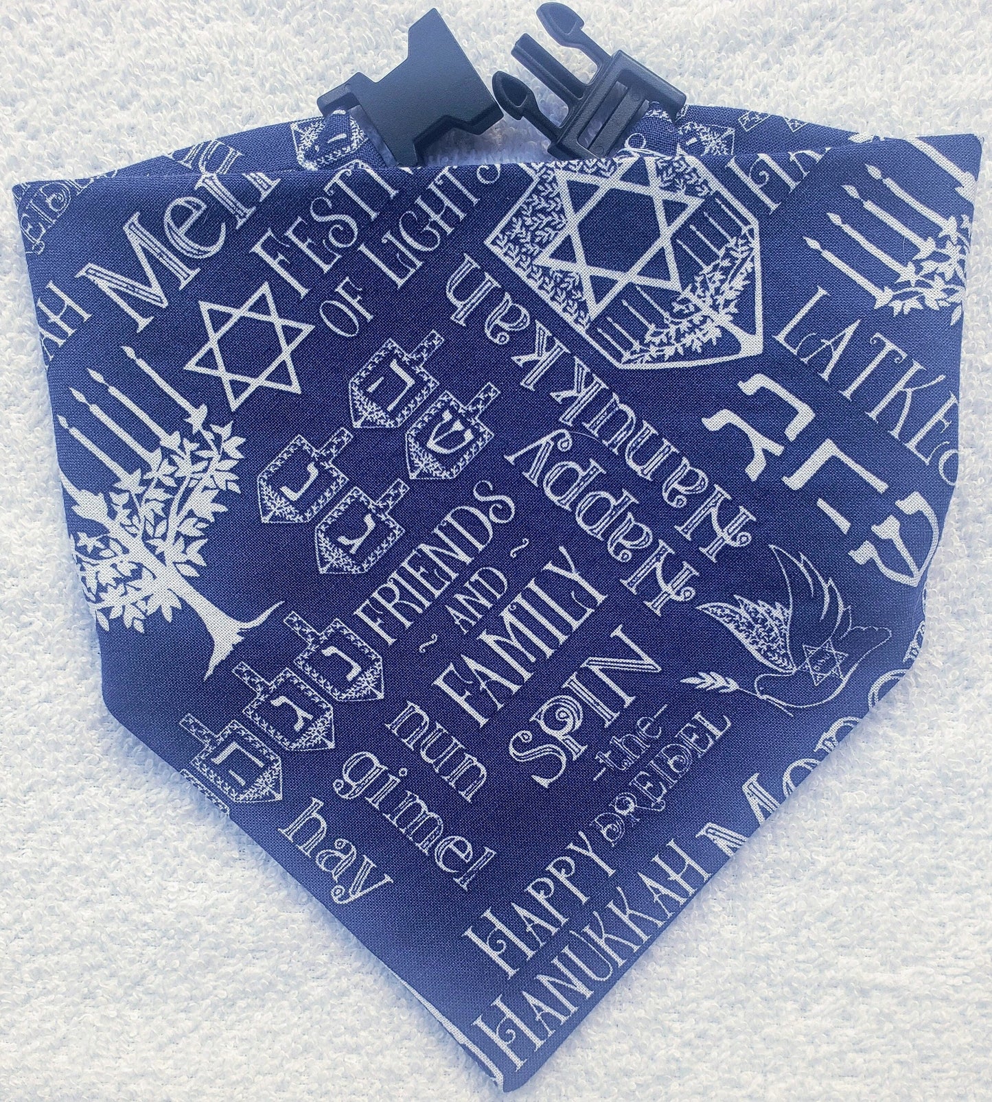 Clip on Dog Bandana With Buckle Pet Cat Bandanna Scarf Hanukkah Chanukah Blue Festival of Lights Print Handmade to Order