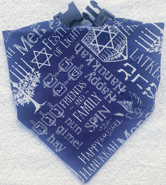 Hanukkah Chanukah Blue Festival of Lights Clip on Dog Bandana With Buckle Pet Cat Bandanna Handmade to Order