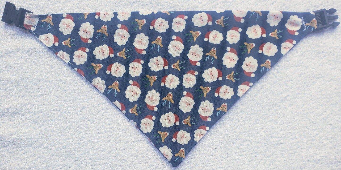 Clip on Dog Bandana With Buckle Pet Cat Bandanna Scarf Blue Santa Claus Face Reindeer Christmas Winter Holiday Handmade to Order