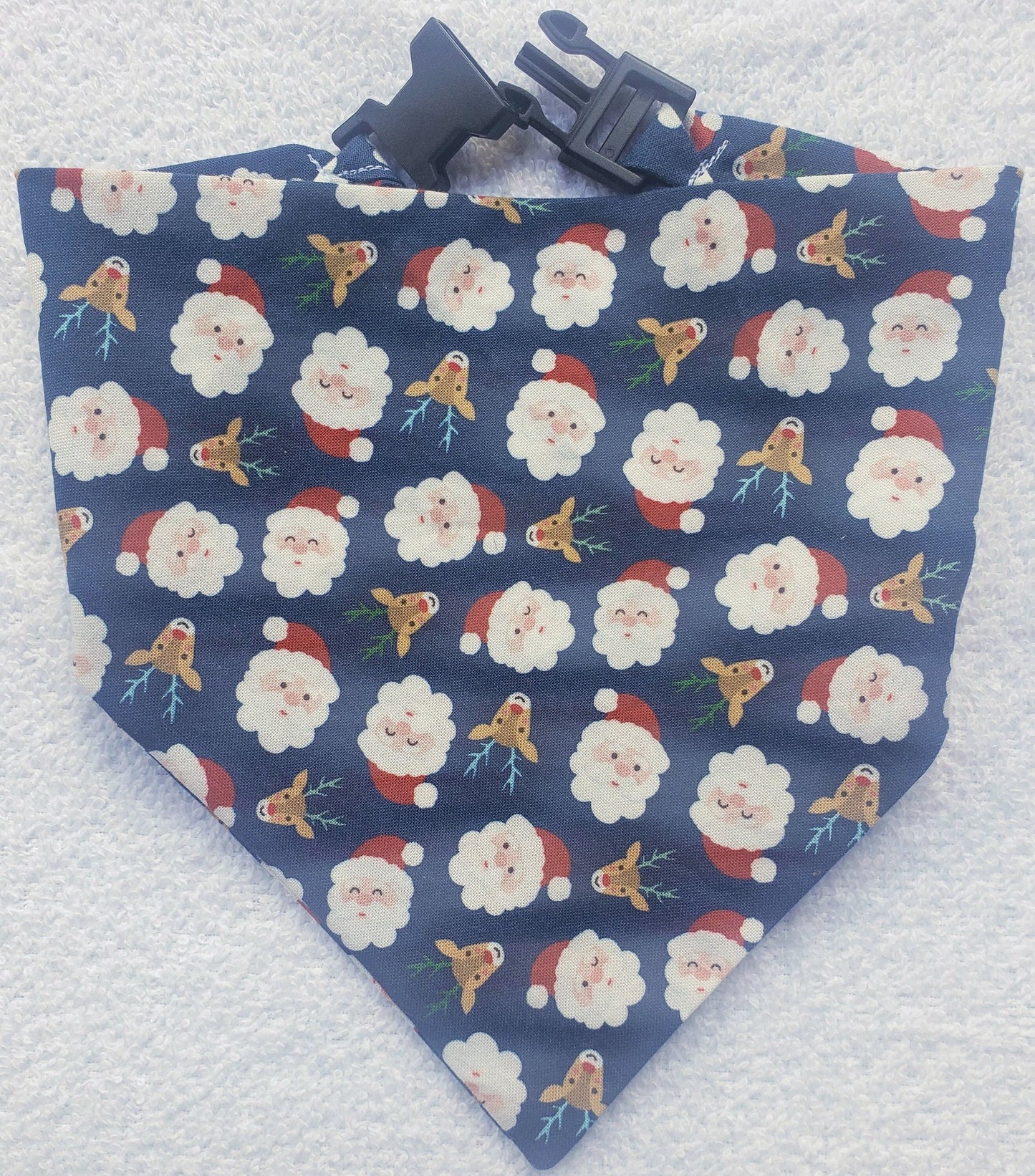 Clip on Dog Bandana With Buckle Pet Cat Bandanna Scarf Blue Santa Claus Face Reindeer Christmas Winter Holiday Handmade to Order