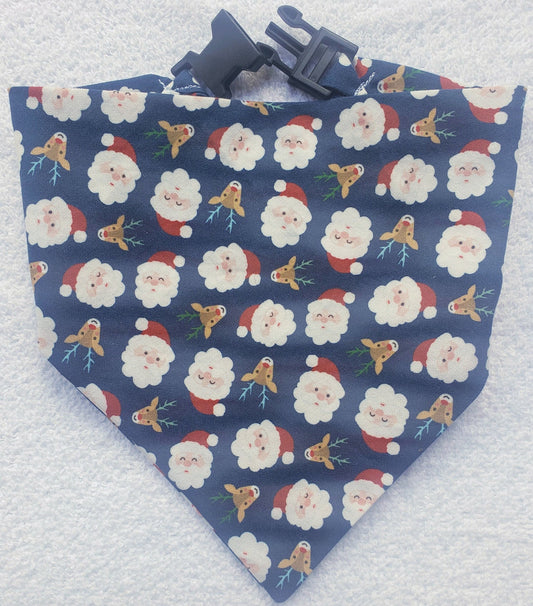 Santa Claus & Reindeer Christmas Winter Holiday Clip on Dog Bandana With Buckle Pet Cat Bandanna Handmade to Order