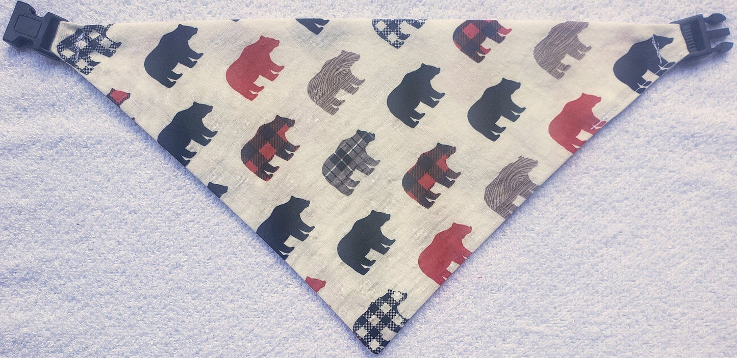 Bears Buffalo Plaid Check Holiday Clip on Dog Bandana With Buckle Pet Cat Bandanna Handmade to Order