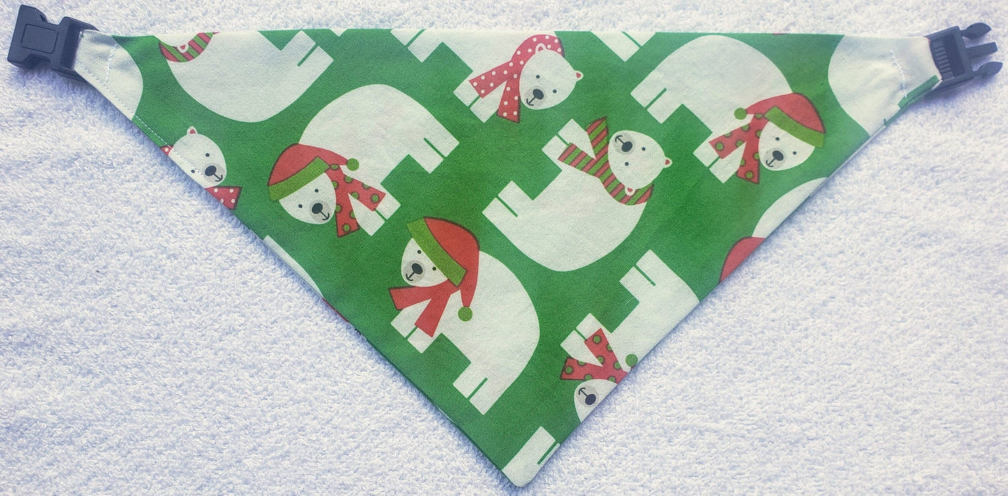 Polar Bears Christmas Holiday Winter Clip on Dog Bandana With Buckle Pet Cat Bandanna Handmade to Order