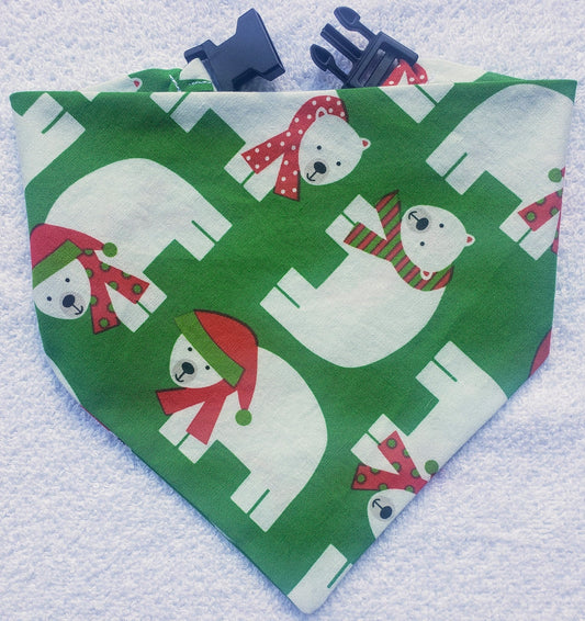 Polar Bears Christmas Holiday Winter Clip on Dog Bandana With Buckle Pet Cat Bandanna Handmade to Order