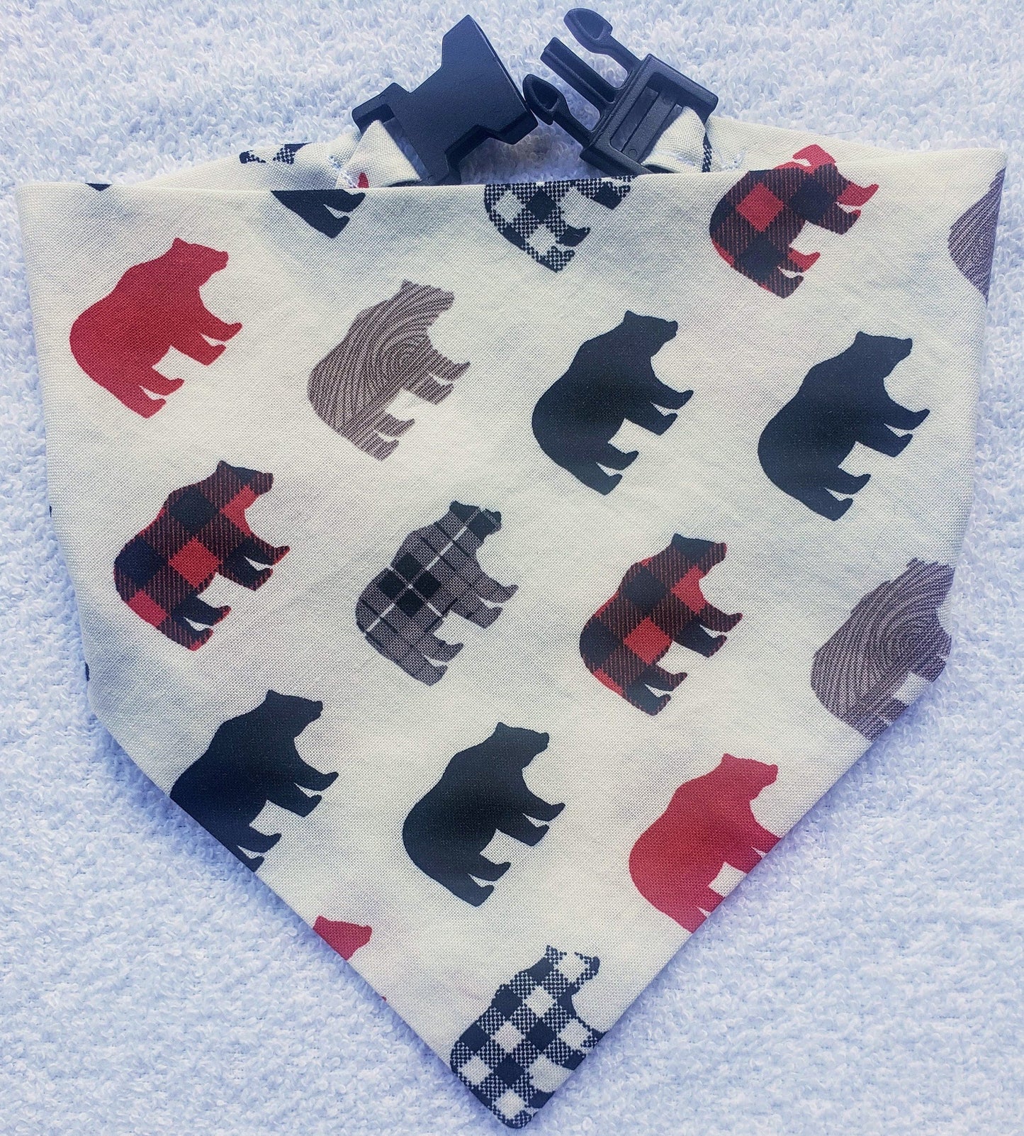 Bears Buffalo Plaid Check Holiday Clip on Dog Bandana With Buckle Pet Cat Bandanna Handmade to Order