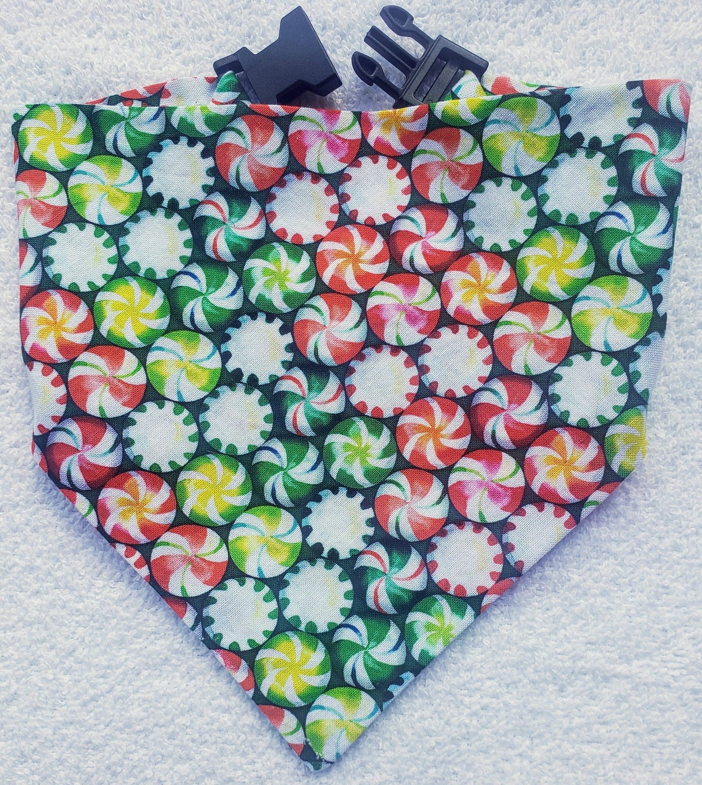 Christmas Peppermints Winter Holiday Clip on Dog Bandana With Buckle Pet Cat Bandanna Handmade to Order