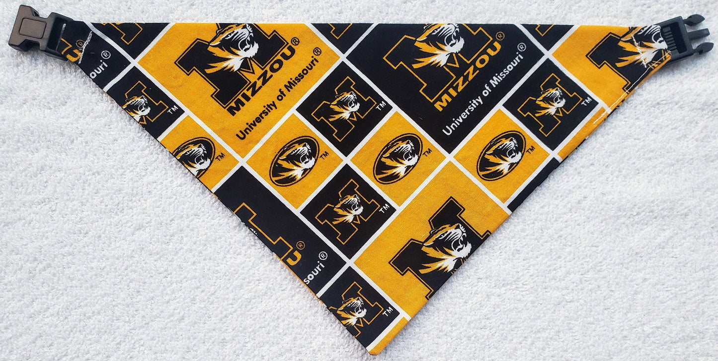 Clip on Dog Bandana With Buckle Pet Cat Bandanna Scarf University of Missouri Tigers ncaa um Handmade to Order