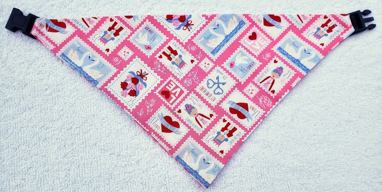 Stamps Key to my Heart Valentine's Day Clip on Dog Bandana With Buckle Pet Cat Bandanna Handmade to Order
