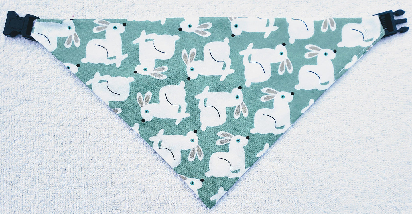 Clip on Dog Bandana With Buckle Pet Cat Bandanna Scarf Easter Bunnies Rabbits Green Mint Print Handmade to Order