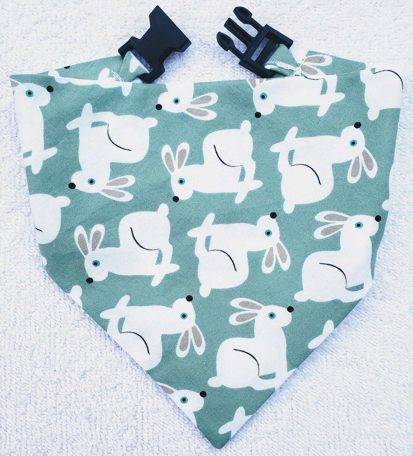 Clip on Dog Bandana With Buckle Pet Cat Bandanna Scarf Easter Bunnies Rabbits Green Mint Print Handmade to Order