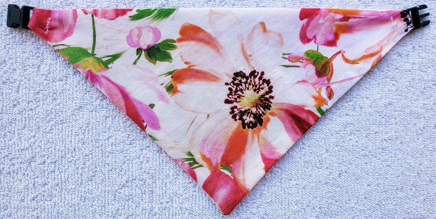Clip on Dog Bandana With Buckle Pet Cat Bandanna Scarf Pink Floral Large Flower Print Handmade to Order