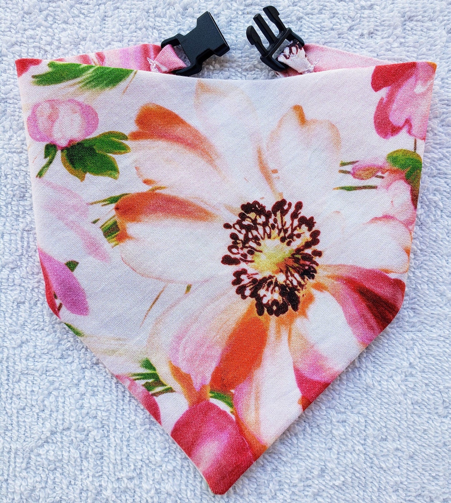 Clip on Dog Bandana With Buckle Pet Cat Bandanna Scarf Pink Floral Large Flower Print Handmade to Order