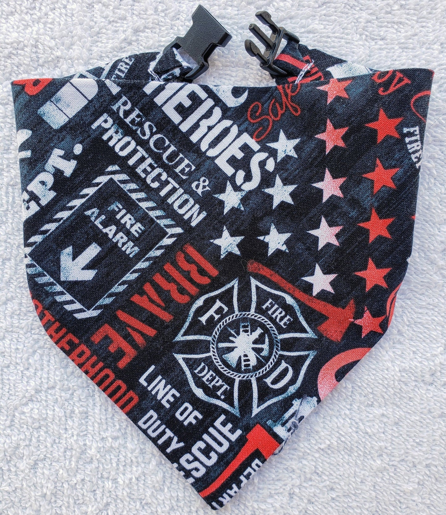 Clip on Dog Bandana With Buckle Pet Cat Bandanna Scarf FIREFIGHTER RESCUE HERO First Responder Print Handmade to Order
