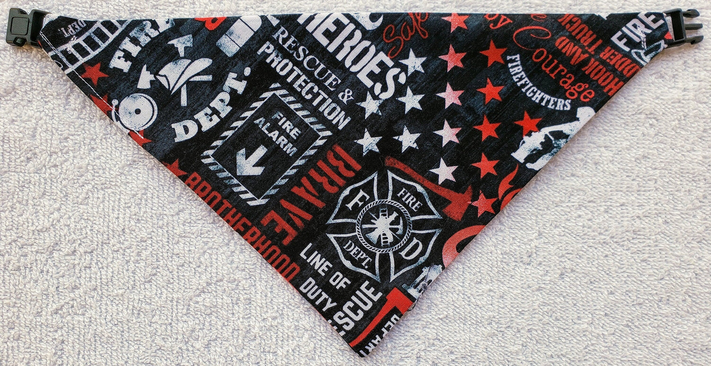 Clip on Dog Bandana With Buckle Pet Cat Bandanna Scarf FIREFIGHTER RESCUE HERO First Responder Print Handmade to Order