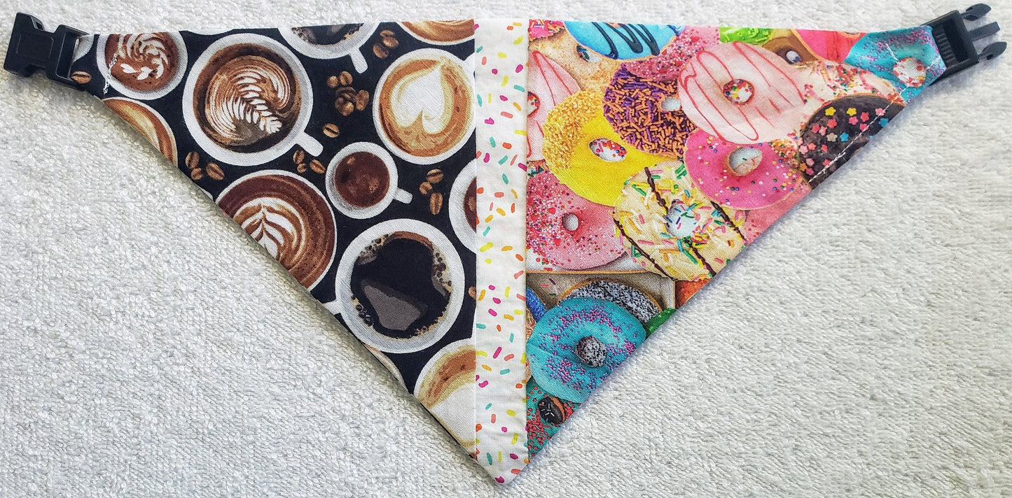 Clip on Dog Bandana With Buckle Pet Cat Bandanna Scarf COFFEE and DONUTS TFF Specialty Exclusive Design Handmade to Order